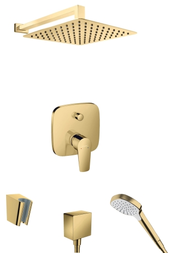 hansgrohe Talis E kompletny prysznicowy zestaw podtynkowy z deszczownicą kwadratową Oltens Vindel S 30 cm złoty połysk