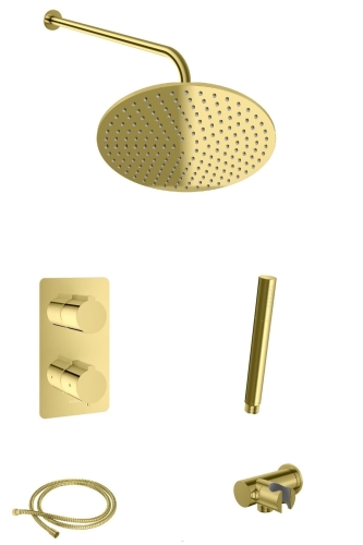 KOHLMAN Experience Gold kompletny termostatyczny zestaw prysznicowy podtynkowy z deszczownicą okrągłą 30 cm złoty połysk QW432EGDR30