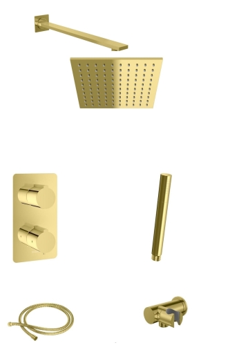 KOHLMAN Experience Gold kompletny termostatyczny zestaw prysznicowy podtynkowy z deszczownicą kwadratową 25 cm złoty połysk