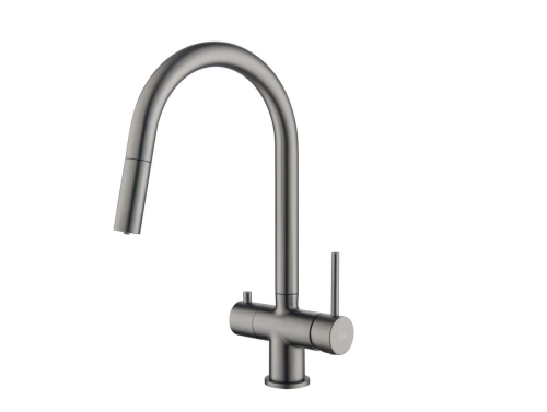 CYRUS grafit ( Gun Metal) bateria kuchenna z podłączeniem do wody filtrowanej i wyciąganą wylewką Blue Water