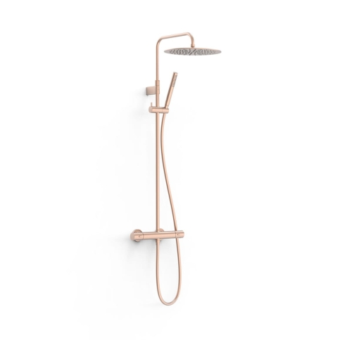 Tres OVER-WALL zestaw baterii termostatycznej naściennej prysznicowej z deszczownicą okrągłą 30 cm 24 k Złoty Różowy Mat 19039302OPM