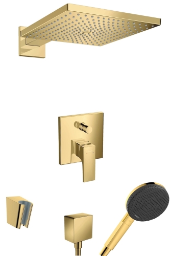 hansgrohe Metropol Alive kompletny prysznicowy zestaw podtynkowy z kwadratową deszczownicą Raindance E 300 1 jet złoty połysk