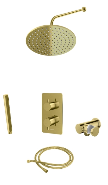 KOHLMAN Axel Brushed Gold termostatyczny podtynkowy zestaw prysznicowy z deszczownicą okrągłą 30 cm  Szczotkowane Złoto  QW432AGDBR30