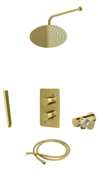 KOHLMAN Axel Brushed Gold termostatyczny podtynkowy zestaw prysznicowy  z deszczownicą okrągłą 25 cm  Szczotkowane Złoto QW432AGDBR25