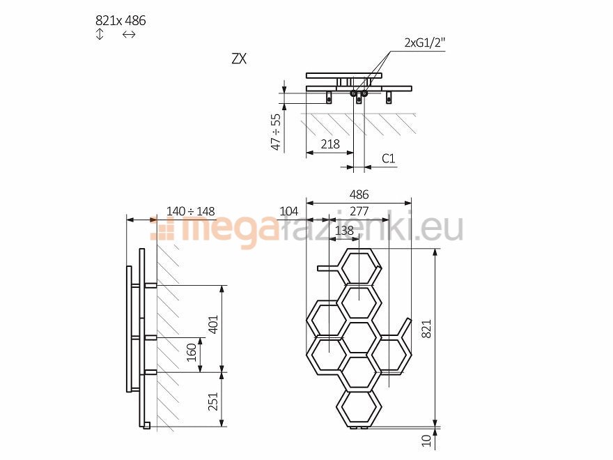 TERMA Hex grzejnik dekoracyjny pionowy 821 x 486 mm rysunek