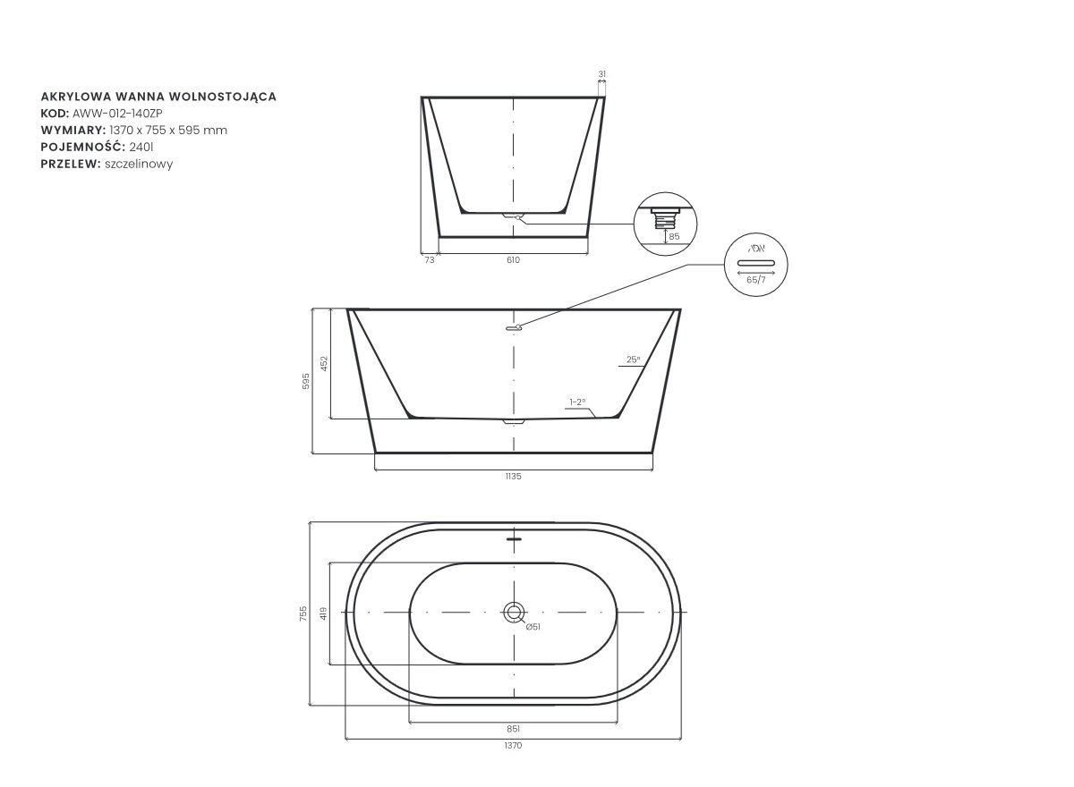 Schemat i wymiary wanny AD Naturalnie Rongbuk Evo 137x75,5 cm AWW-012-140ZP