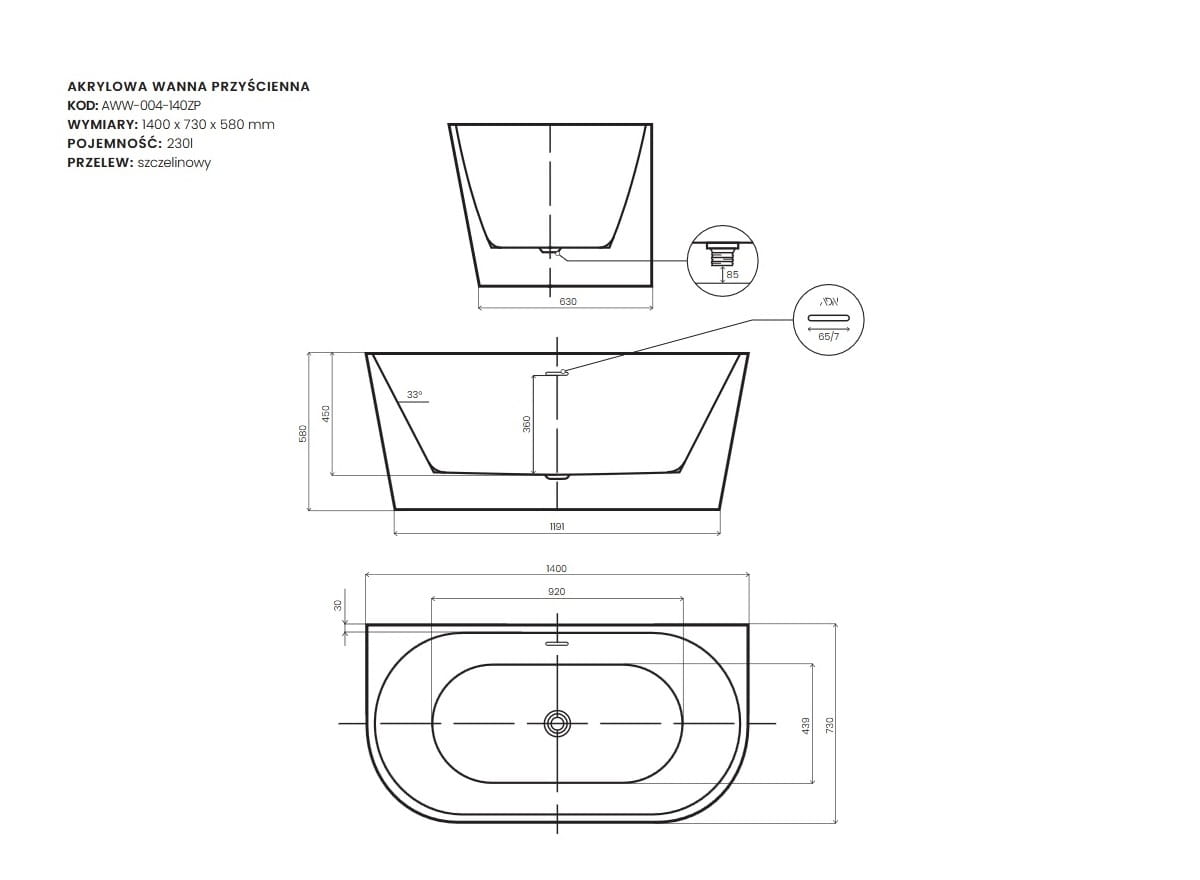 Wymiary i schemat techniczny wanny ADN Gauli Line 140x73 AWW-004-140ZP