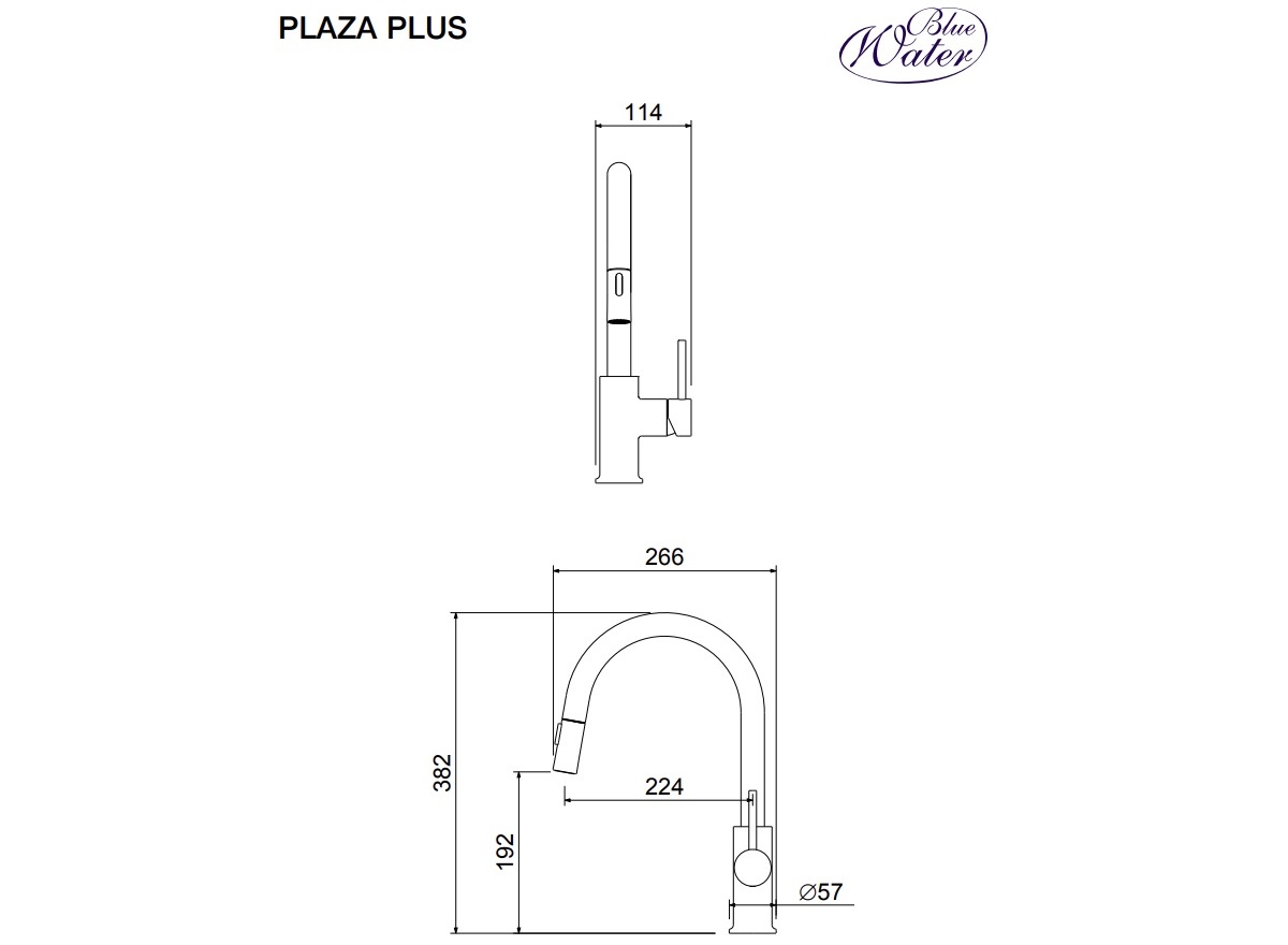 PLAZA Plus bateria kuchenna z wyciąganą wylewką oraz zmianą strumienia czarny mat Blue Water schemat