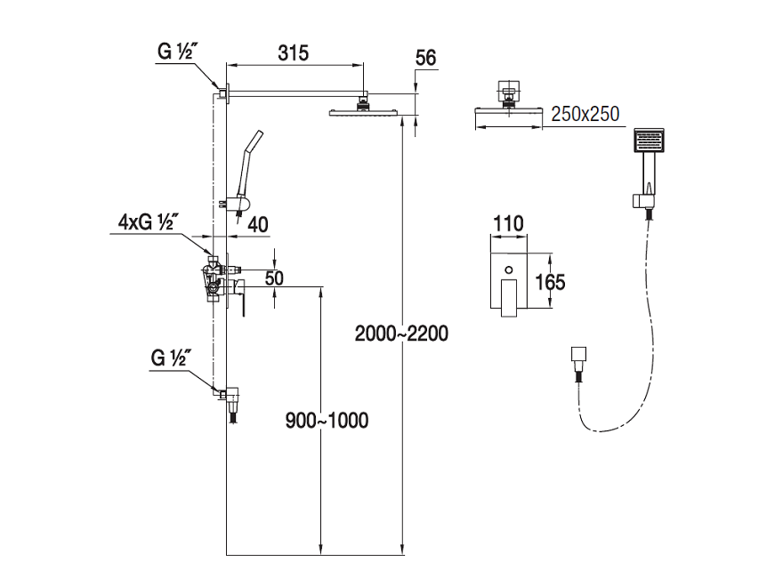 Blue Water TORONTO CZARNY MAT zestaw prysznicowy podtynkowy z deszczownicą kwadratową 25 cm TOR-ZKP150 schemat