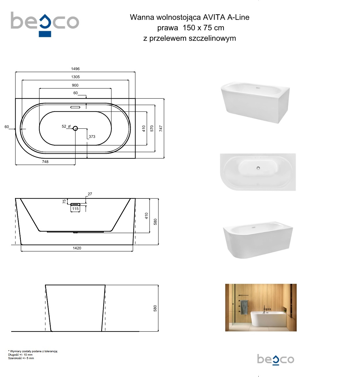 Schemat wymiarowy Besco Avita A-Line 150 prawa