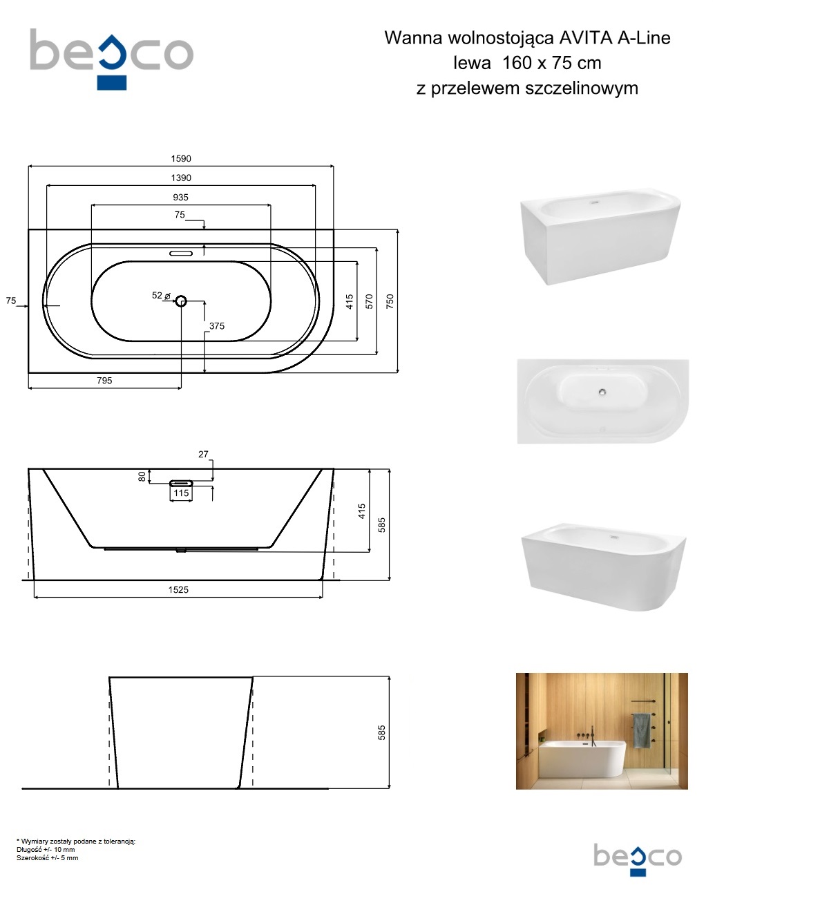 Schemat wymiarowy Besco Avita A-Line 160 lewa