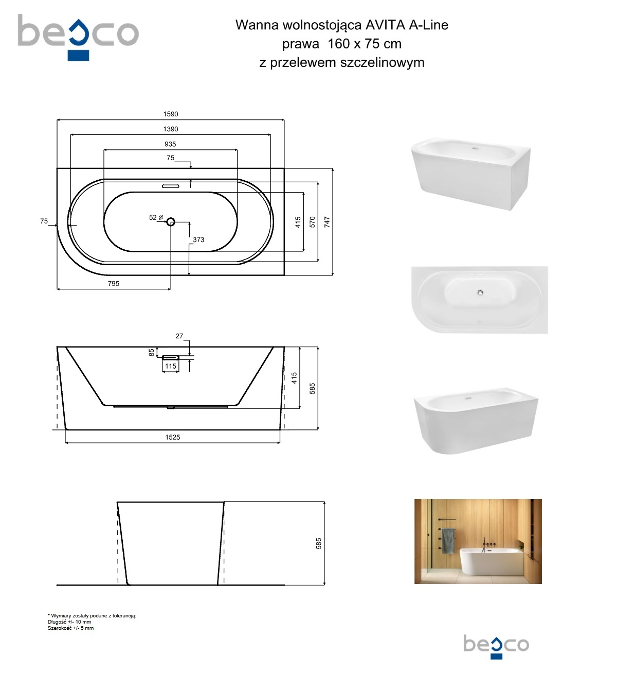 Schemat wymiarowy Besco Avita A-Line 160 prawa