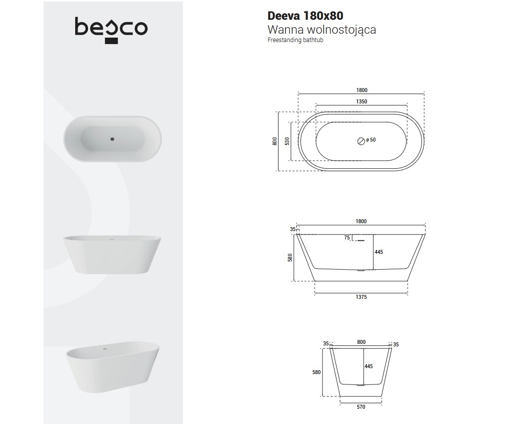 Rysunek techniczny i wymiary wanny Besco Deeva 180x80 cm