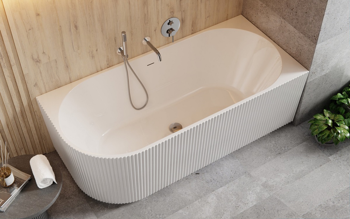 Besco Denaya Prawa narożna przyścienna wanna wolnostojąca akrylowa 150x75 cm korek Chrom połysk