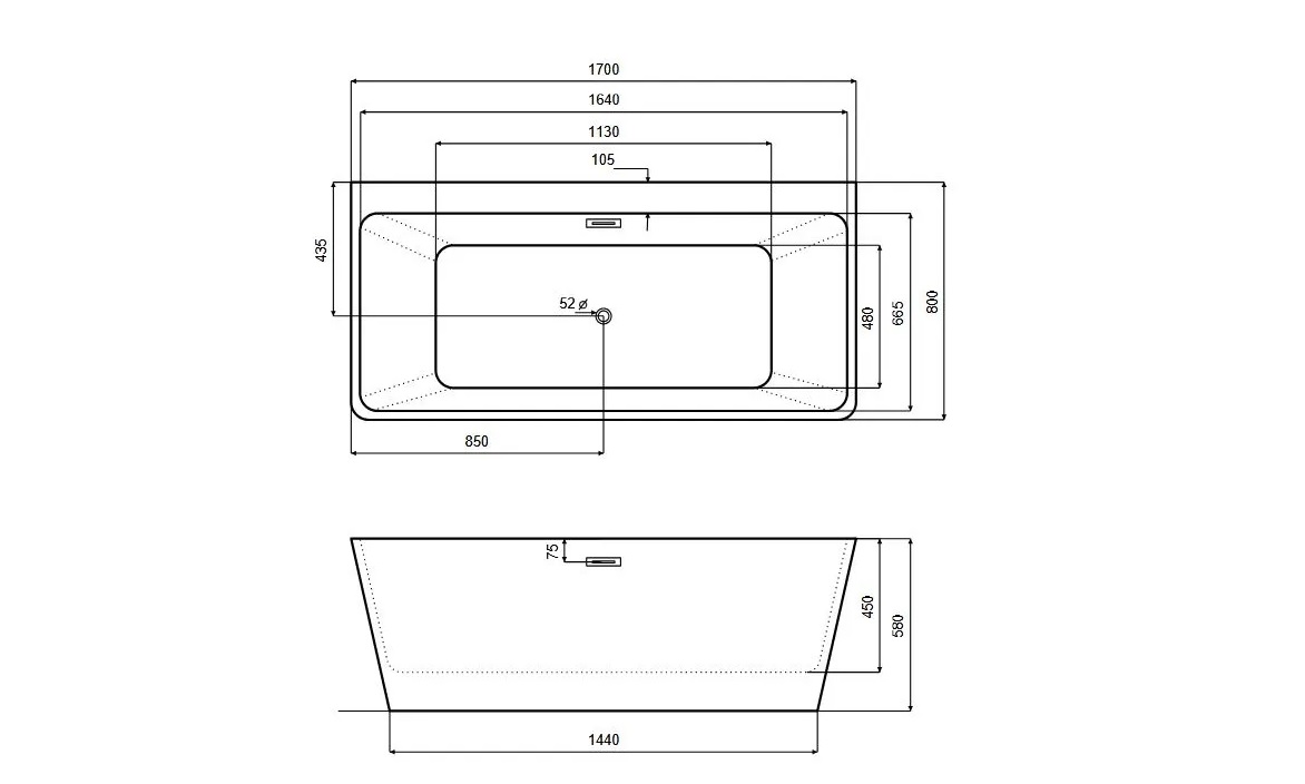 VARYA wolnostojąca przyścienna wanna akrylowa 170x80 cm BESCO schemat wymiary
