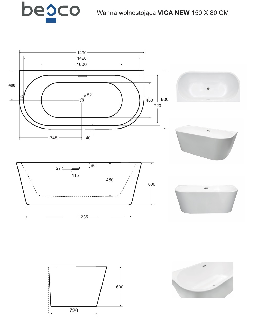 Besco VICA wolnostojąca przyścienna wanna akrylowa 150x80 cm + przelew wannowy ZŁOTY Połysk  schemat