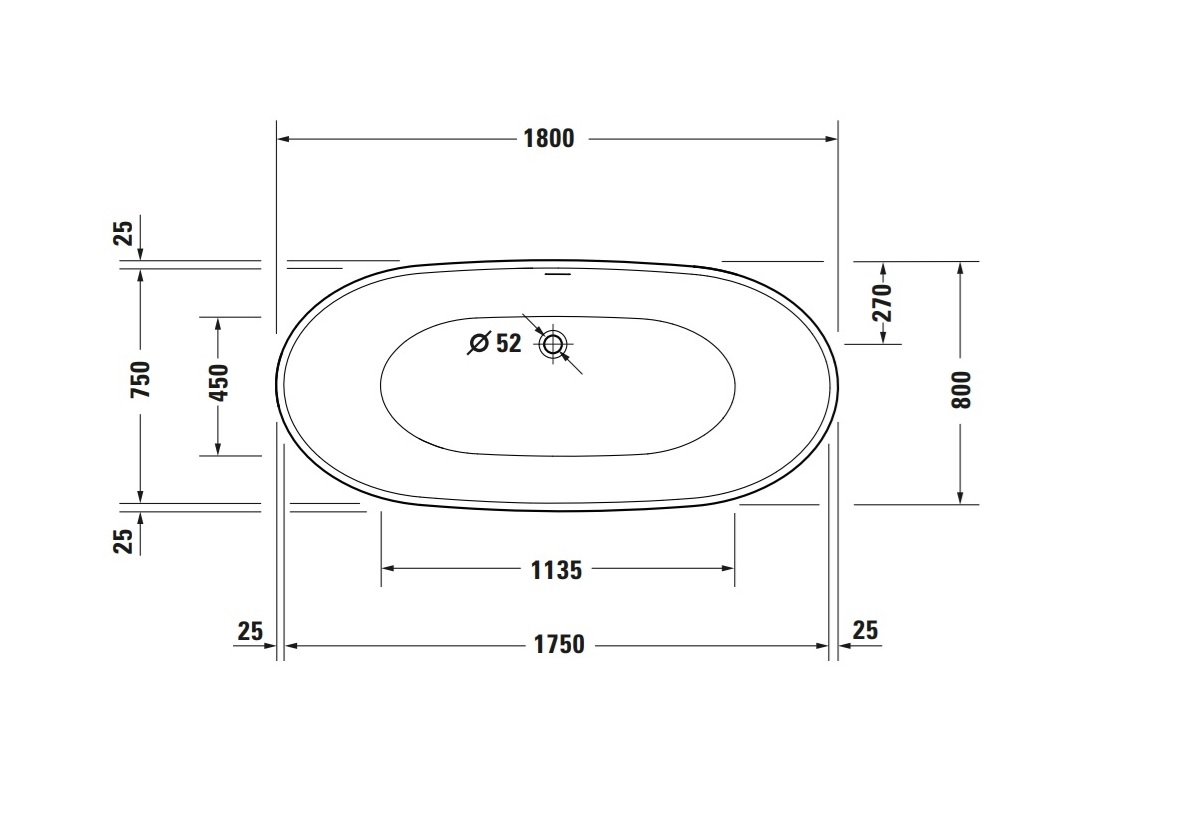 Wanna akrylowa wolnostojąca owalna DURAVIT DuraVato 180 x 80 x 69 cm biała schemat