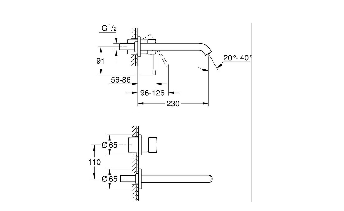 Schemat techniczny i wymiary baterii Grohe 29193DL1