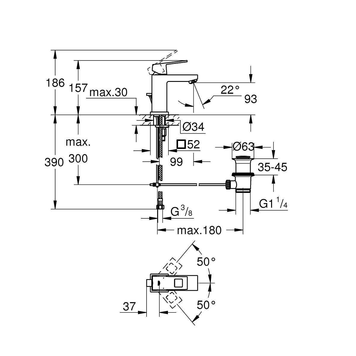 Eurocube S  bateria umywalkowa 23127000 chrom połysk schemat