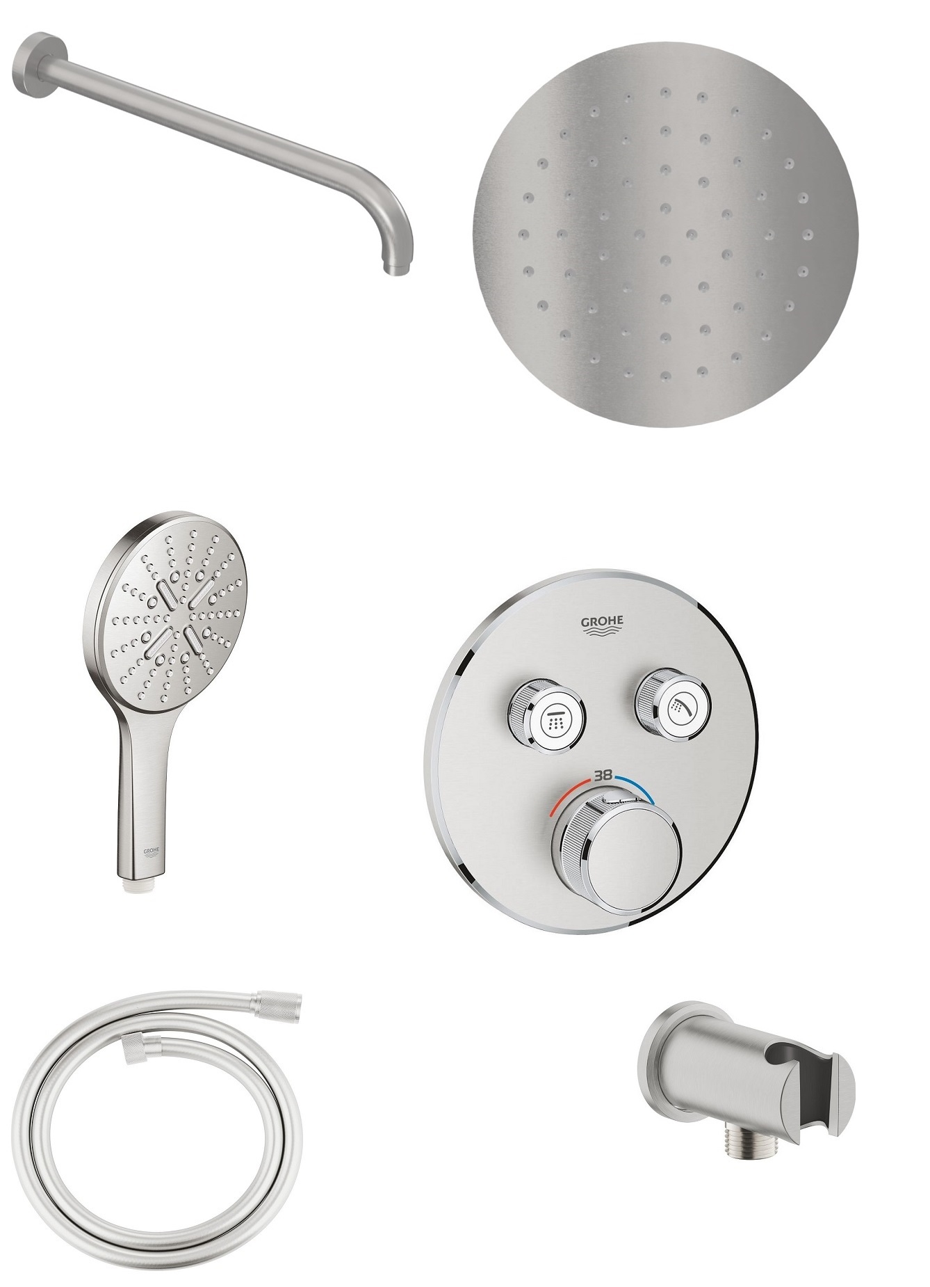 Kompletny podtynkowy termostatyczny zestaw prysznicowy Grohe Grohtherm SmartControl stal nierdzewna z deszczownicą Excellent 25 cm Nikiel Szczotkowany