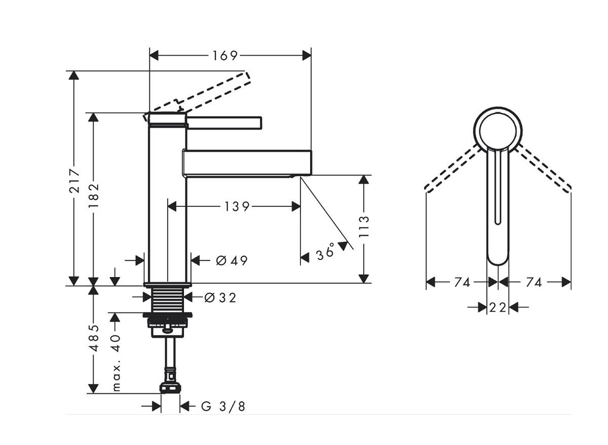 hansgrohe Finoris bateria umywalkowa 110 z kompletem odpływowym biały mat 76023700 rysunek