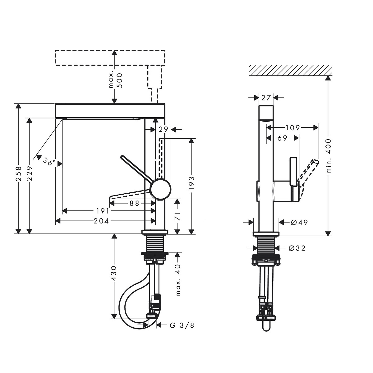 hansgrohe Finoris bateria umywalkowa  230 z wyciąganą wylewką 2jet  Chrom Połysk 76063000 rysunek