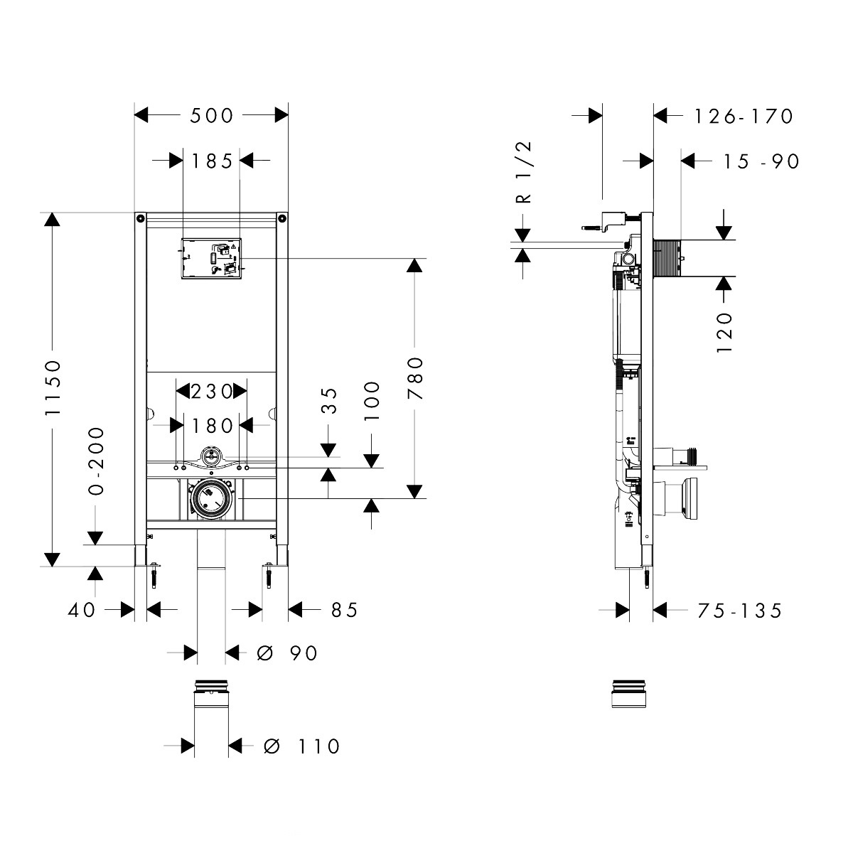 hansgrohe iFrame universal Stelaż podtynkowy 1120 schemat montażowy