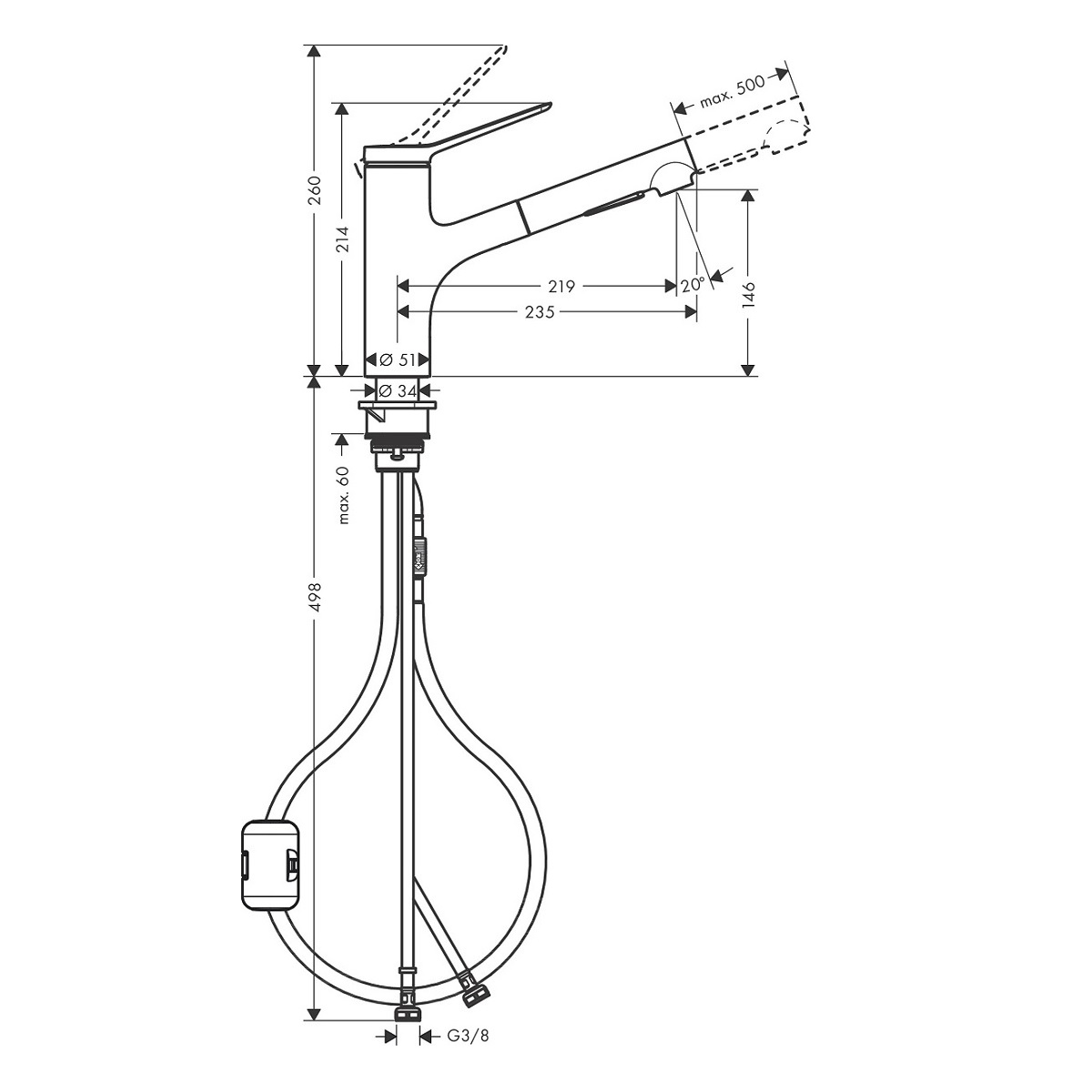 hansgrohe Zesis M 33 bateria kuchenna z wyciąganą wylewką oraz 2 strumieniami wody chrom połysk 7410000 rysunek