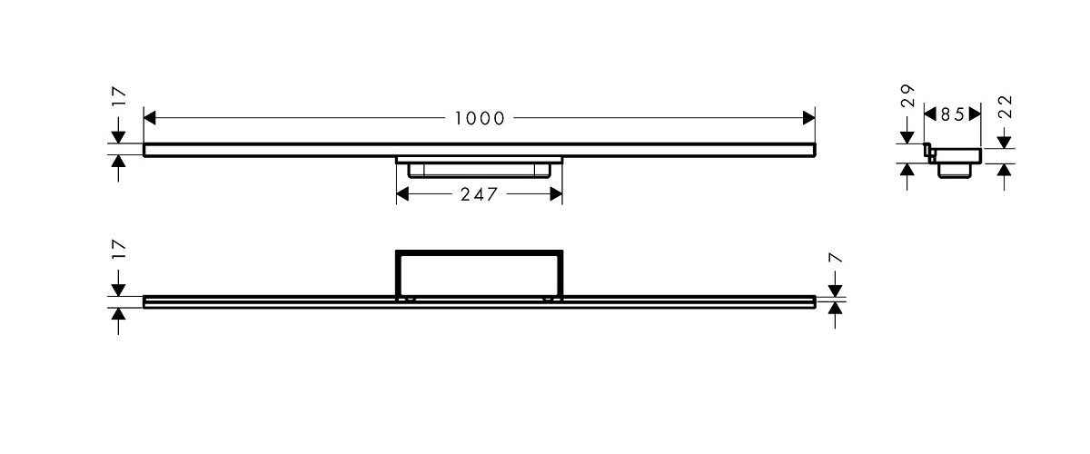 hansgrohe RainDrain Minimalistic element zewnętrzny odpływu 900 , montaż przyścienny Stal szlachetna 56222000 schemat