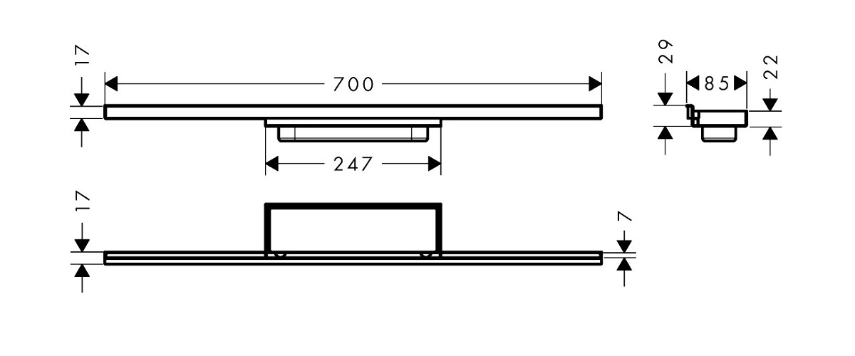 hansgrohe RainDrain Minimalistic element zewnętrzny odpływu700 , montaż przyścienny Stal szlachetna 56219000 schemat