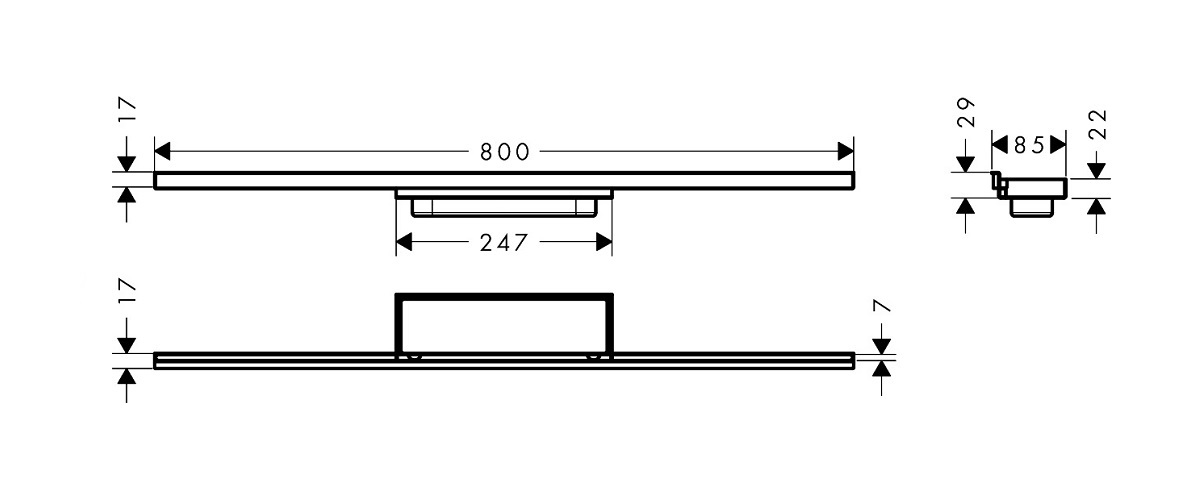 hansgrohe RainDrain Minimalistic element zewnętrzny odpływu700 , montaż przyścienny Stal szlachetna 56220000 schemat