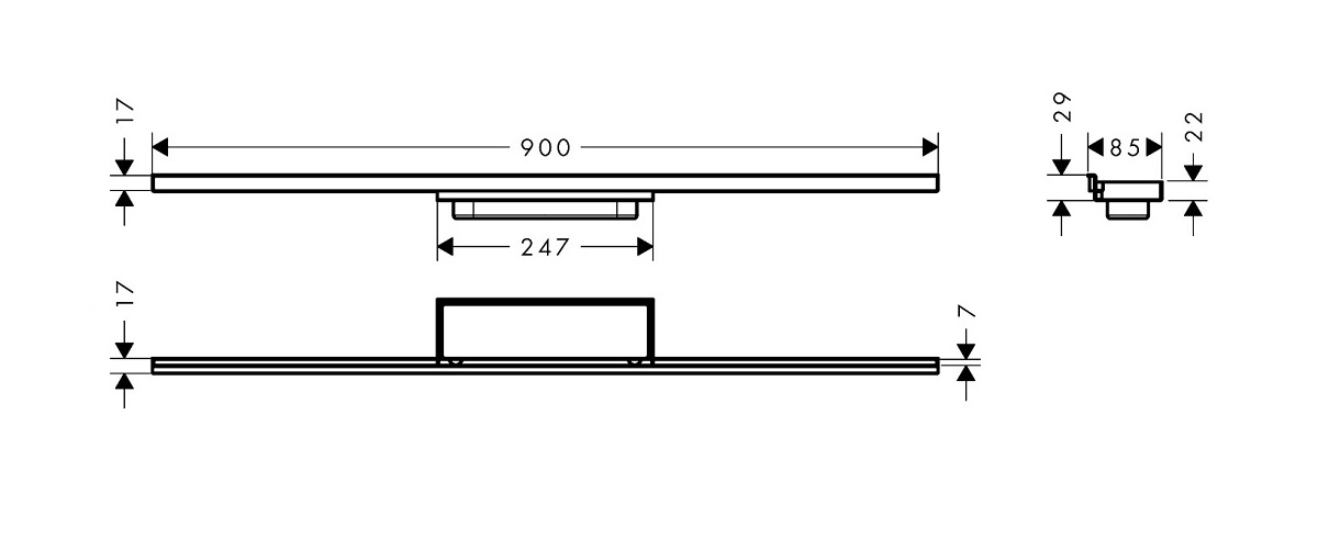 hansgrohe RainDrain Minimalistic element zewnętrzny odpływu 900 , montaż przyścienny Stal szlachetna 56221000 schemat