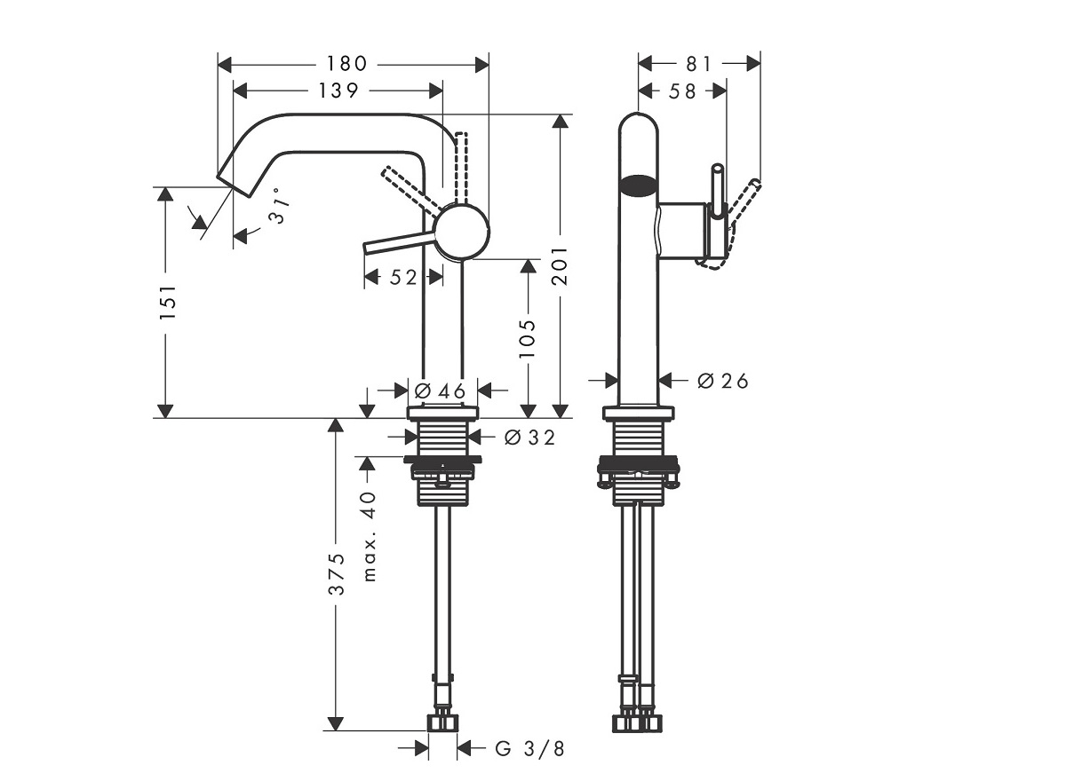 hansgrohe Tecturis S 150 Fine  bateria umywalkowa CoolStart EcoSmart+ z kompletem odpływowym 73340000 Chrom Połysk rysunek