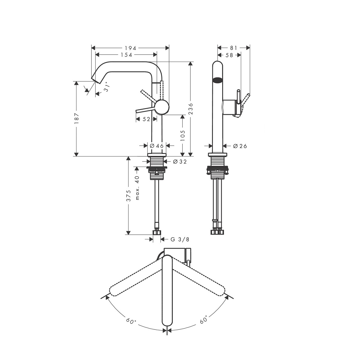 hansgrohe Tecturis S 210 Fine bateria umywalkowa CoolStart EcoSmart+ z obrotową wylewką i kompletem odpływowym 73360000 Chrom Połysk rysunek