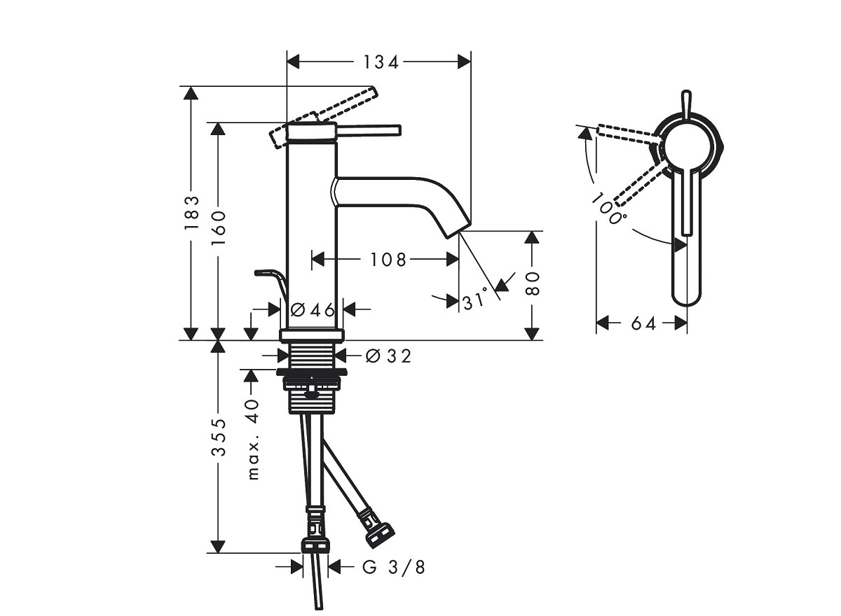 hansgrohe Tecturis S  80  bateria umywalkowa  CoolStart EcoSmart+ z kompletem odpływowym 73302000 Chrom Połysk schemat