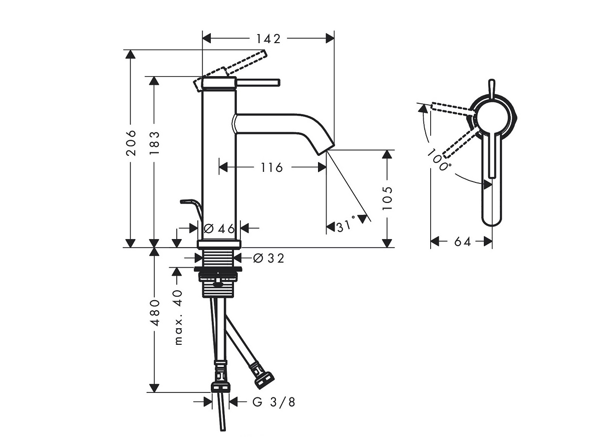 hansgrohe Tecturis S  110  bateria umywalkowa  CoolStart EcoSmart+ z kompletem odpływowym 73314000 Chrom Połysk   schemat