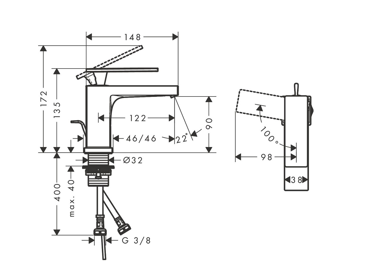 hansgrohe Tecturis E 80 bateria umywalkowa CoolStart EcoSmart z kompletem odpływowym czarny mat 73002670  rysunek