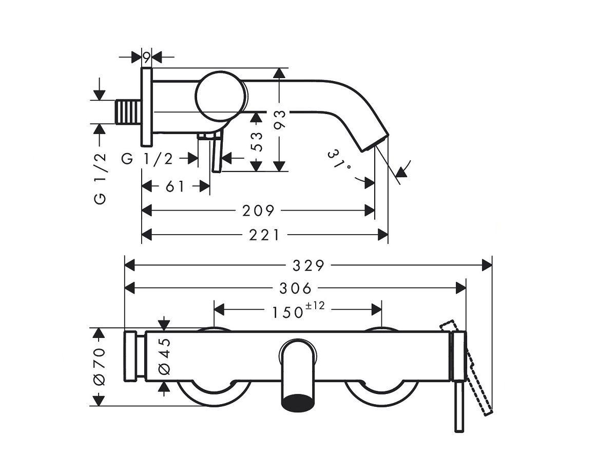 hansgrohe Tecturis  S  bateria wannowa ścienna  czarny mat 73422670 rysunek