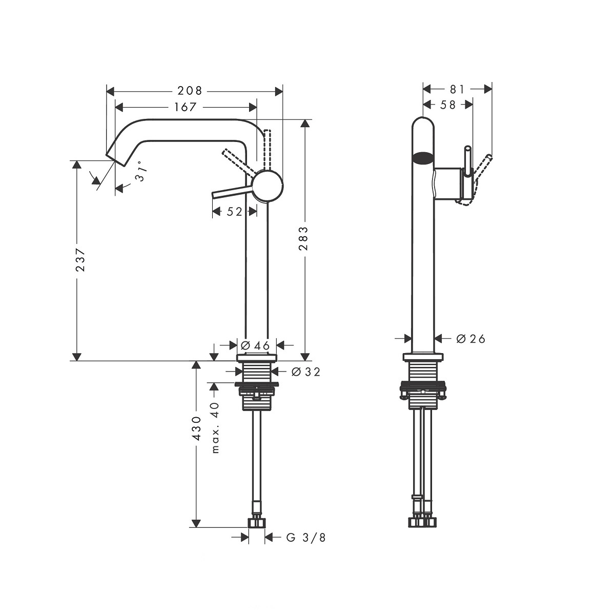 hansgrohe Tecturis S 240 Fine bateria umywalkowa  CoolStart EcoSmart+ z kompletem odpływowym czarny mat 73370670 rysunek