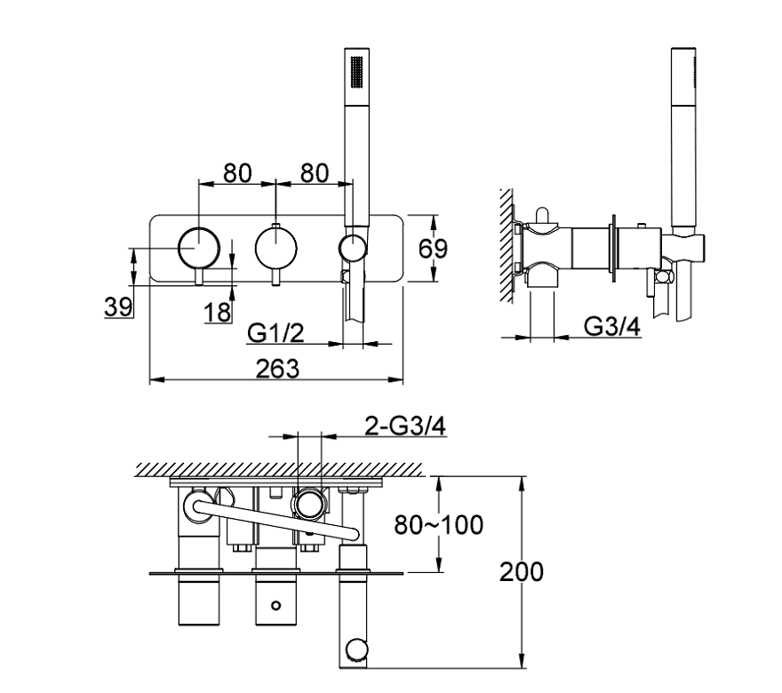 KOHLMAN Axel Black termostatyczna podtynkowa bateria wannowo-prysznicowa  QW265AB czarny mat z 2 wyjściami  rysunek