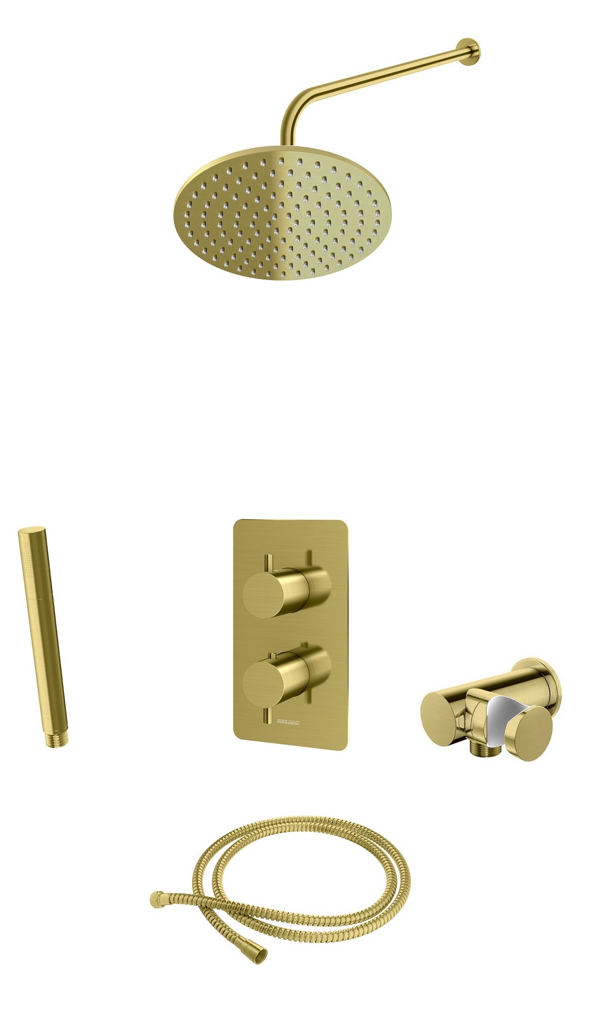 KOHLMAN Axel Brushed Gold termostatyczny podtynkowy zestaw prysznicowy QW432AGDBR25 z deszczownicą okrągłą 25 cm  Szczotkowane Złoto
