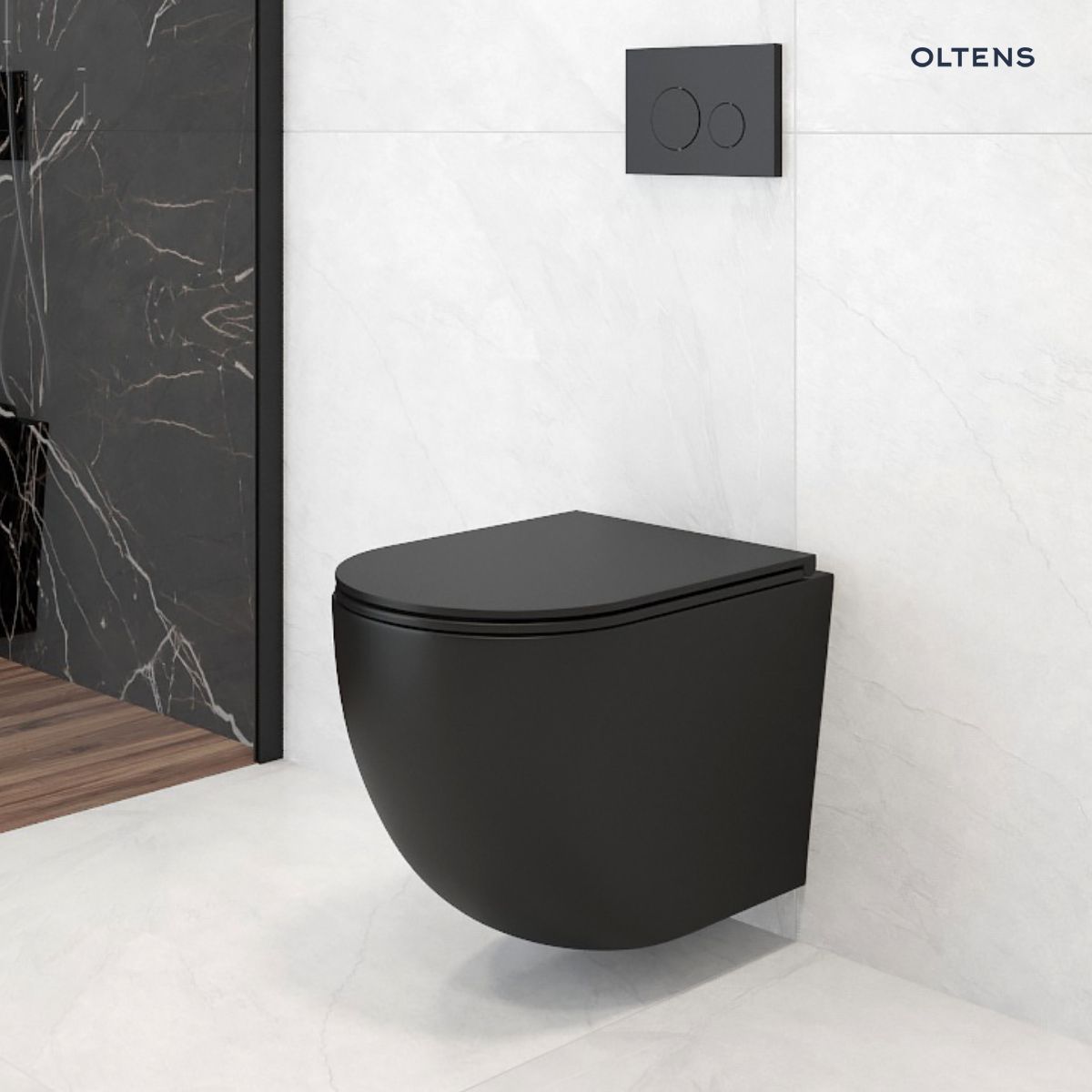 Zestaw Oltens Hamnes miska WC wisząca PureRim z powłoką SmartClean z deską wolnoopadającą Ovan Slim czarny mat 42514300