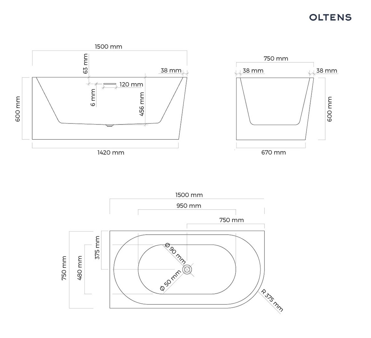 Oltens Delva wanna wolnostojąca narożna 150x75 cm lewa biała 11007000 schemat