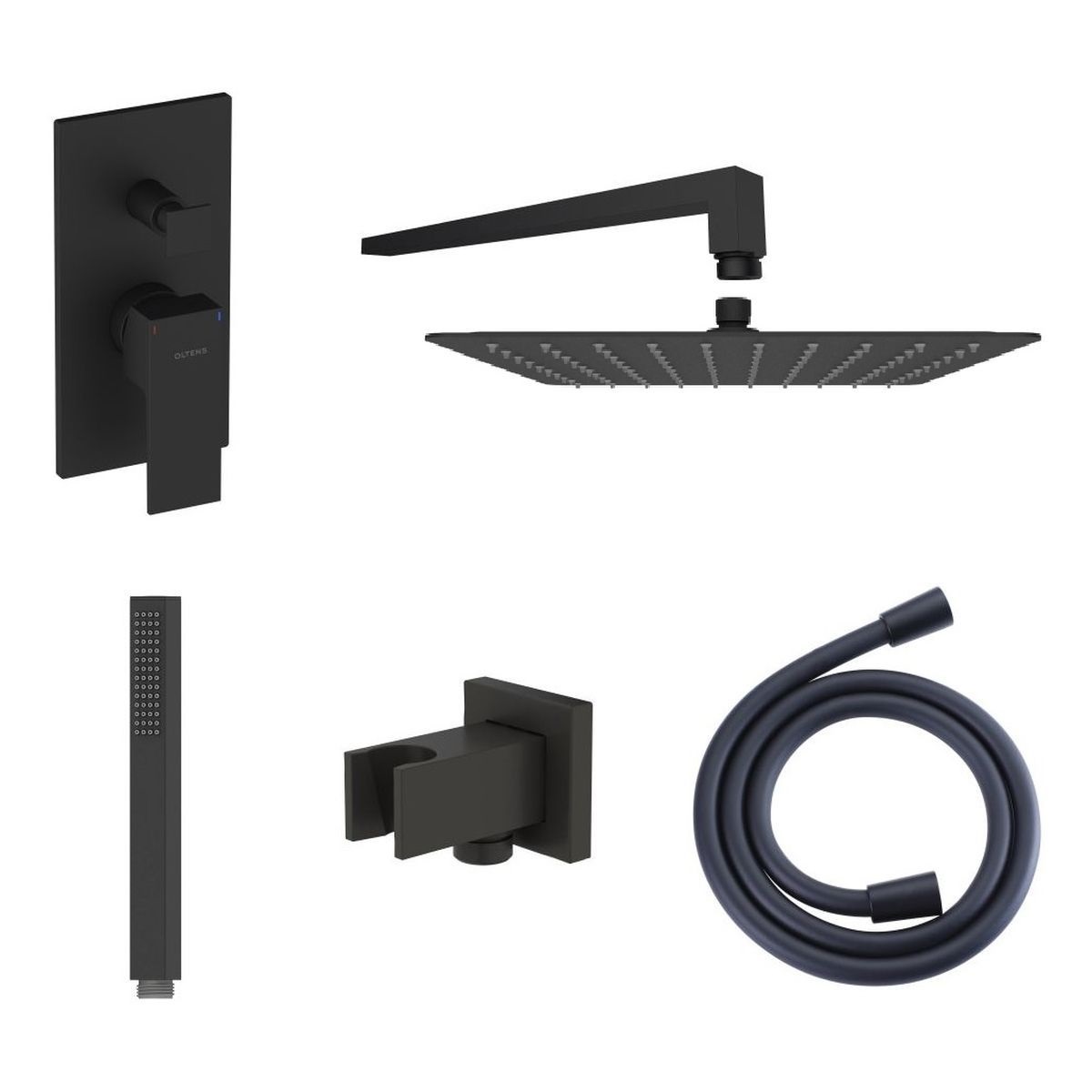 Zestaw Oltens Gota bateria podtynkowa z deszczownicą 30 cm Vindel (S) i kompletem prysznicowym Sog czarny mat 36601300