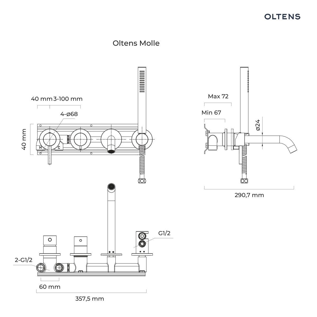 Oltens Molle kompletna bateria wannowo-prysznicowa podtynkowa 4-otworowa czarny mat 34105300 schemat