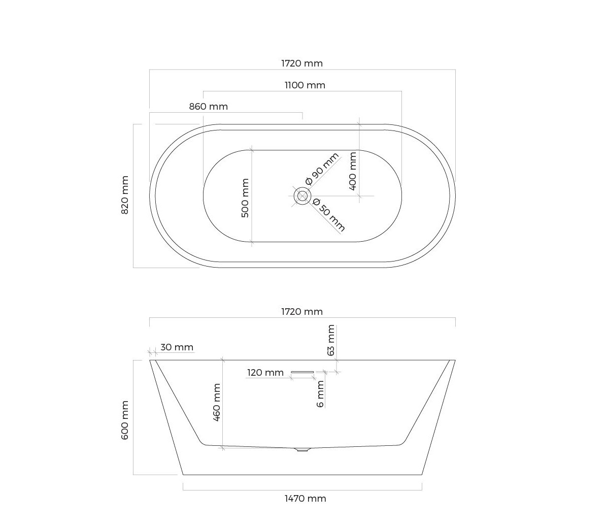 Oltens Yrsa wanna wolnostojąca 172x82 cm owalna akrylowa biała 12024000 schemat