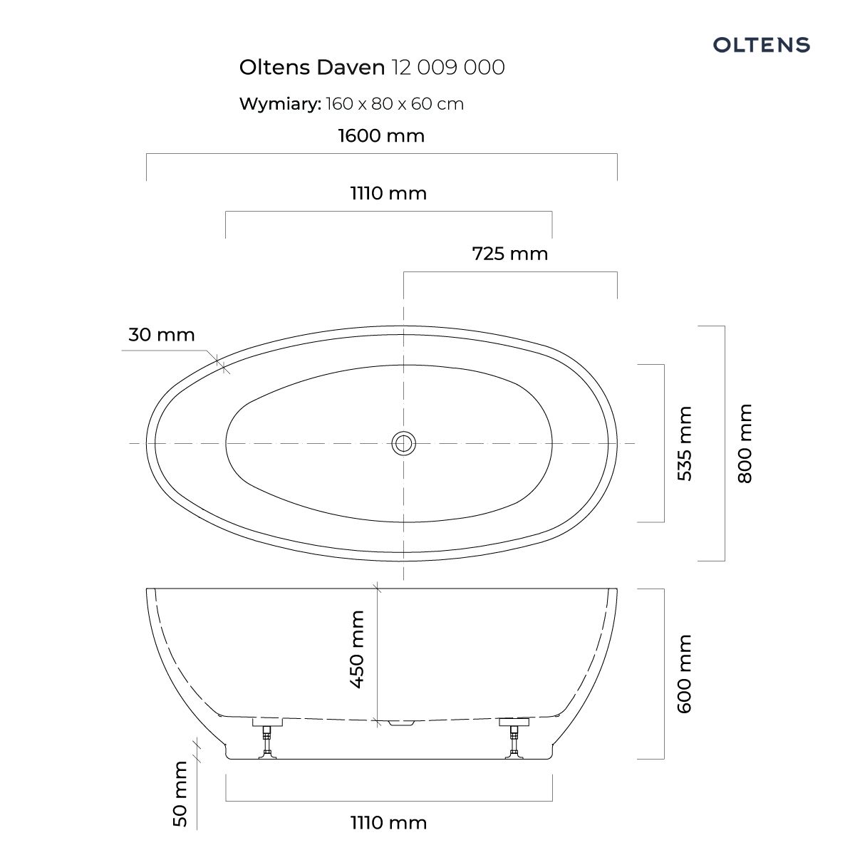 Oltens Daven wanna wolnostojąca 160x80 cm owalna akrylowa biała 120090000 schemat