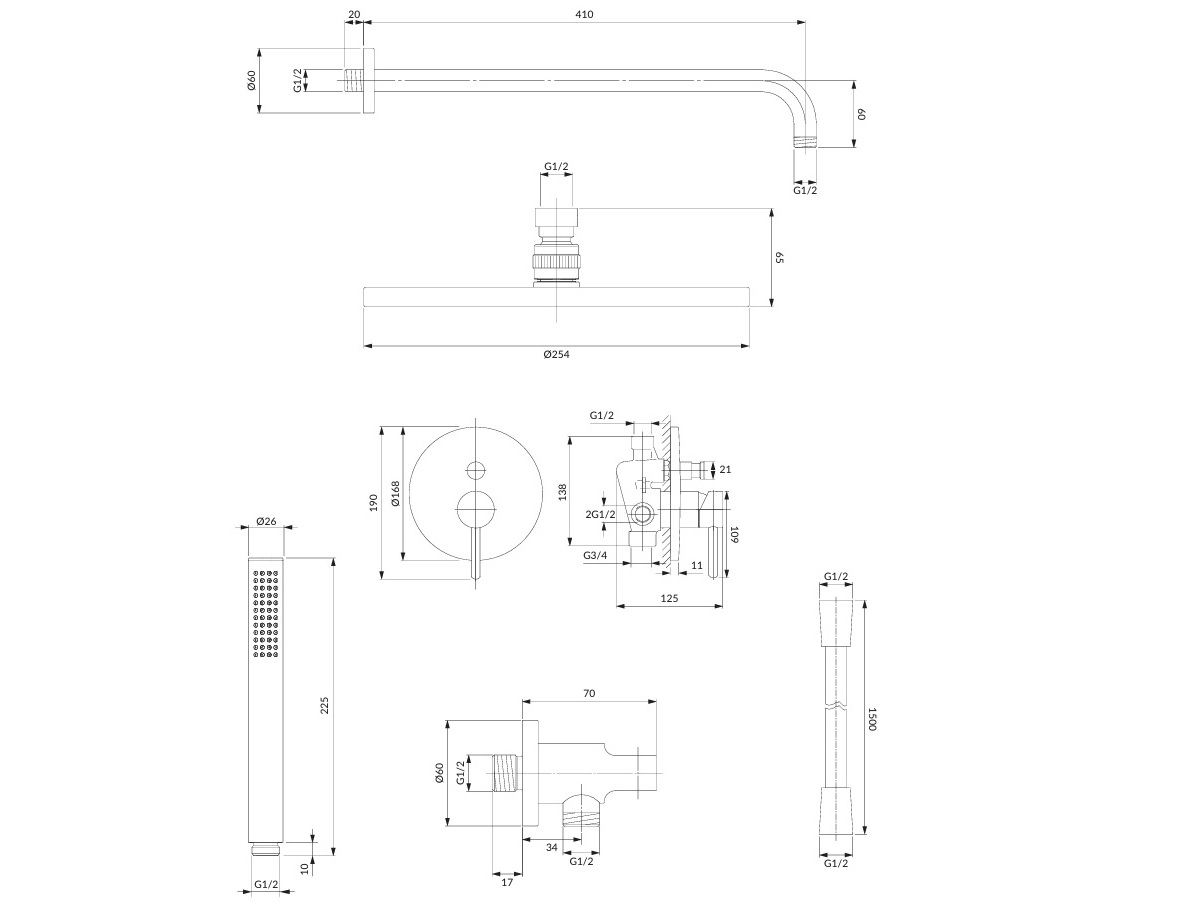 Omnires Y kompletny zestaw prysznicowy podtynkowy z deszczownicą ø 25 cm nikiel szczotkowany SYSY35NI schemat