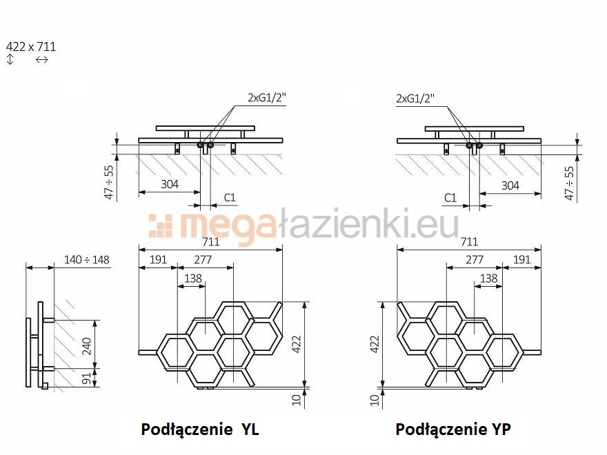 TERMA Hex grzejnik dekoracyjny 422 x 711 mm schematy
