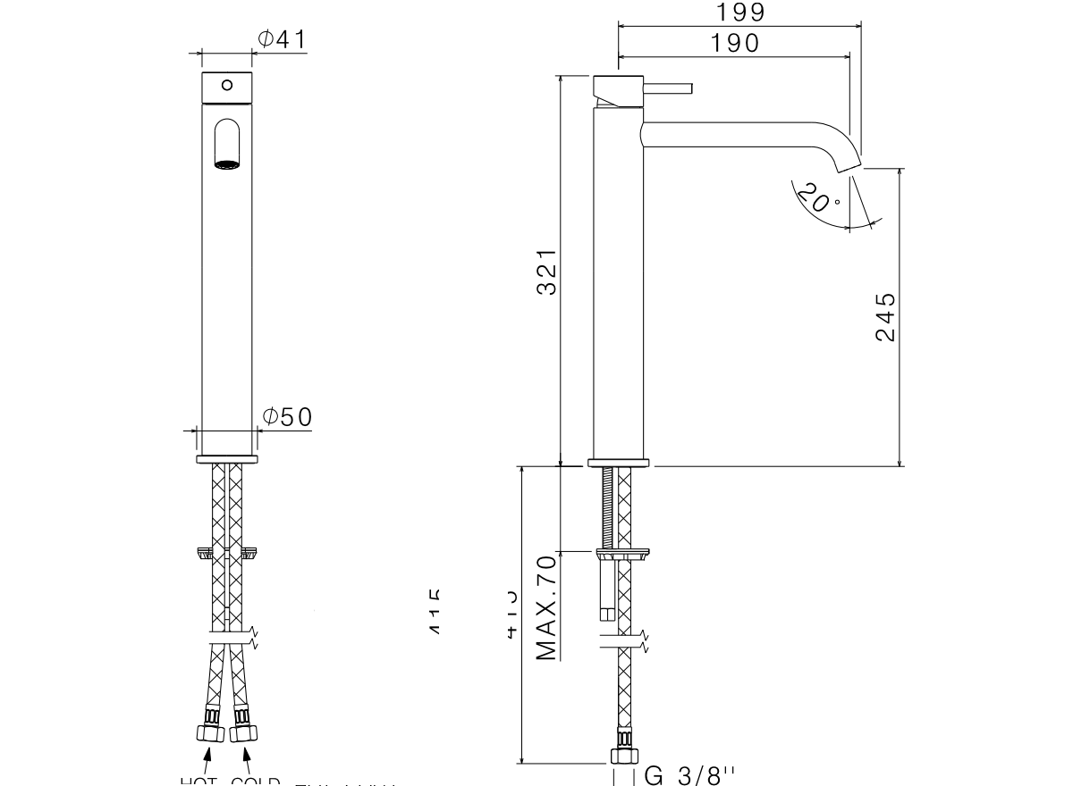 Vema Tiber Steel bateria umywalkowa wysoka Inox stal nierdzewna V17021 schemat
